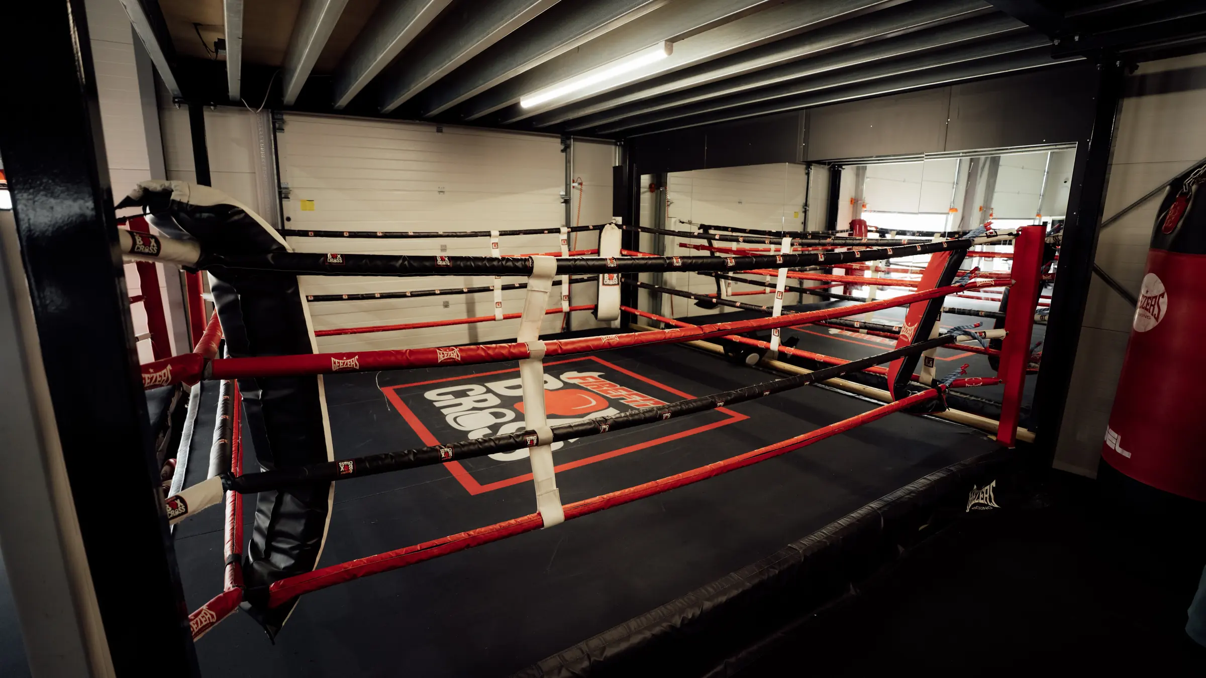 The red and white ring ropes and the BoxCross canvas logo up close
